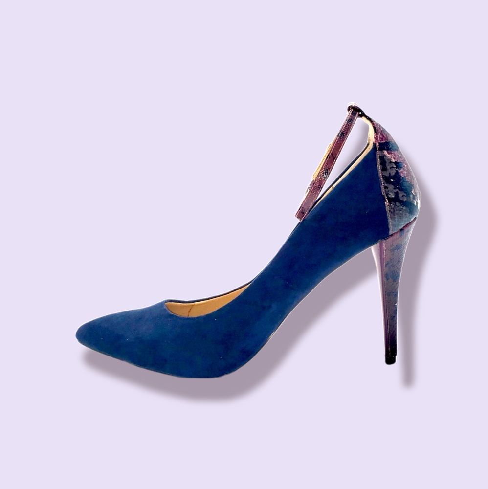 Blue velvet & purple snake skin stilettos